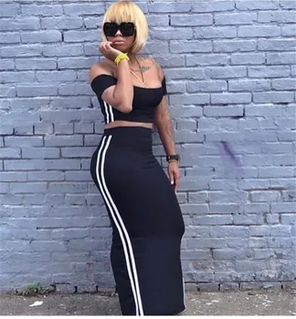 

2018 Summer Women 2 Pcs Suits Off Shoulder Crop Tops Long Skirts Suits Sexy Sheath Two Piece Sets OL Bodycon Skirt Sets