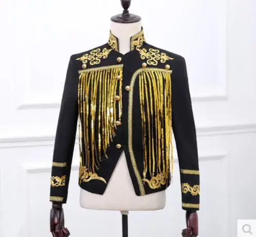 Mens Sequins Glitter Singer Military Court Tassels Blazer Costume Coat Jacket hu