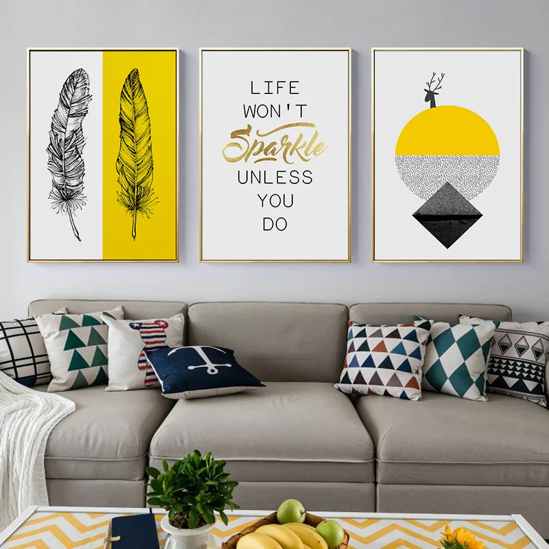 Nordico Abstracto Amarillo N Blanco Lienzo Pintura Posters E