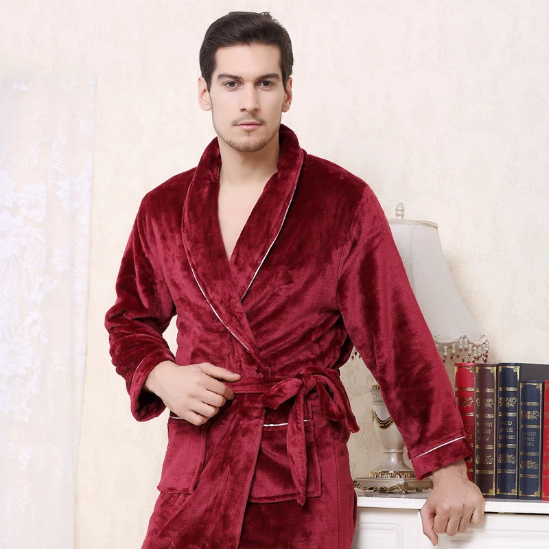 Warm Kimono Robe Winter Bathrobe Men Super Soft Flannel Coral Fleece Long Bath Robes Mens Kimono Sleepwear Male Dressing Gown