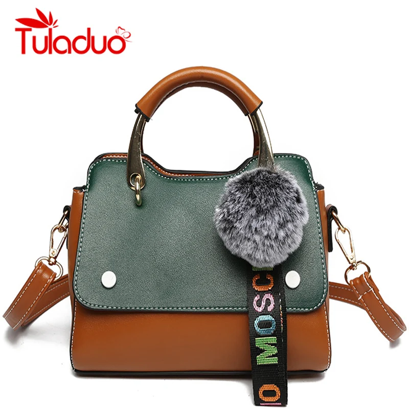 

Panelled Ladies Bag 2018 Crossbody Messenger Bag Women's Shoulder Bags Hairball Famous Brand PU Leather Handbag Women Bags