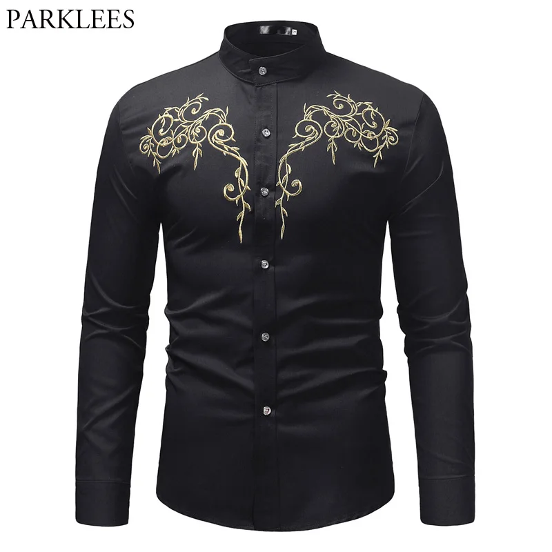 

Stylish Floral Embroidery Dress Shirt Men Long Sleeve Mandarin Collar Chemise Slim Fit Baroque Palace Style Henley Shirt Male