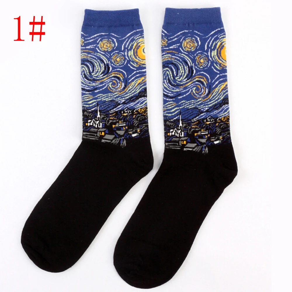 1 Пара Ретро Винтаж унисекс для женщин и мужчин современный Ренессанс Ван Гог Звездная ночь искусство картина маслом носки забавная новинка носки - Цвет: Blue