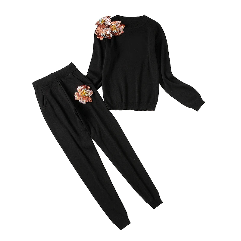 ALPHALMODA свитер с блестками и цветочным принтом+ брюки 2 шт. модные костюмы для женщин осень зима Vogue стильные Джемперы брюки наборы