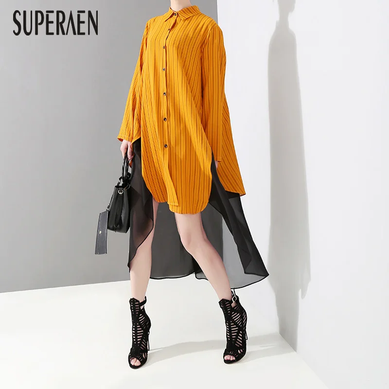 

SuperAen New Women's Striped Dress Spring 2019 Europe Dress Female Long Sleeve Wild Casual Stitching Chiffon Shirt Dress Women