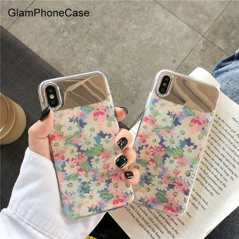 

GlamPhoneCase Mirror Flower Phone Case For iPhone X Xs Max XR 8 7 Simple Soft TPU Cover For iPhone 8 7 6 6S Plus Cases