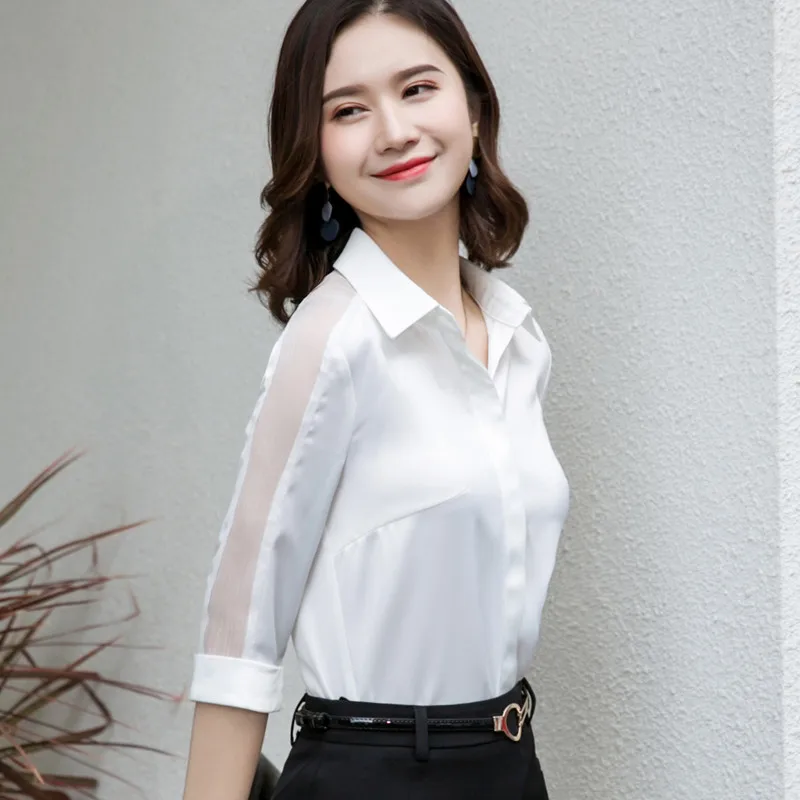 Fashion women Satin shirt Summer new half sleeve casual loose blouses office ladies plus size work wear tops - Цвет: White