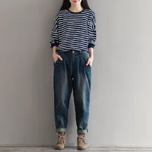 Женские шаровары в японском стиле Mori Girl, винтажные повседневные женские джинсы из хлопка с эффектом потертости, классические свободные женские джинсы размера плюс