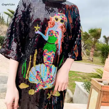 

Sequined Mermaid Fish hip hop t shirt 2019 Summer women Oversize Long Loose Top Tees ulzzang Punk Tops Plus size LT196S50