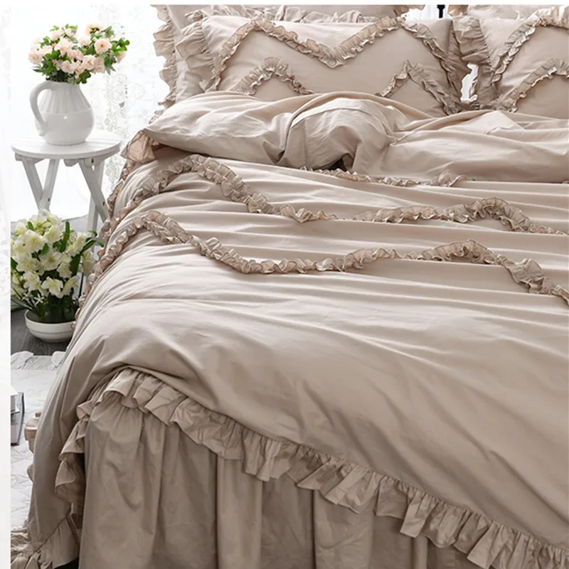 cheap Free shipping 100%cotton Korean pastoral princess ruffles bedding twin full queen king size solid color khaki bed skirt set YYX