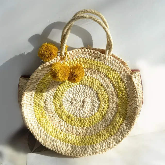New Summer Large Round Straw Beach Bag Tassels Pom Pom Women Natural Handbag Corn Skin Totes Bag Yellow Striped Circular 