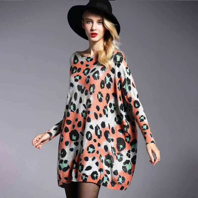 Leopard Print Oversized Sweater Womens Pullover Fashion Jumper Batwing Sleeve Slash Neck 