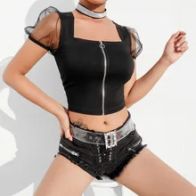 Дропшиппинг летние женские на молнии кружевной кроп-топ с коротким пышным рукавом сетка с открытой спиной жилет со шнуровкой Сексуальная плотная рубашка женская