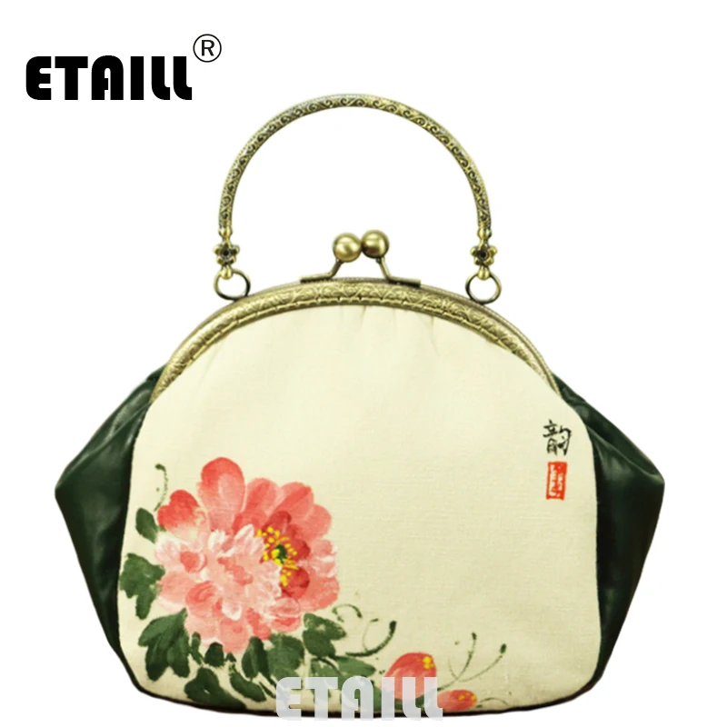 

ETAILL Vintage Chinese Style Small Clutch Bags Peony Hand Painted Cheongsam Matched Bag Lady Dinner Bags Cotton Linen Handbag