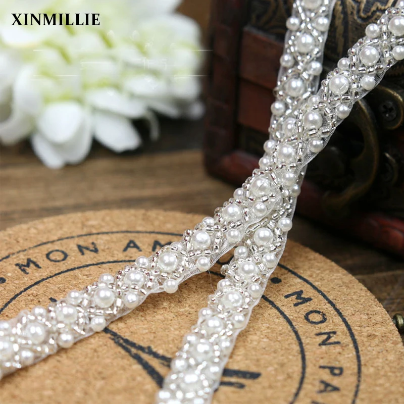 

5yards/Lot White Pearl Beaded Trims Wedding Decoration Sew On Collar Ribbon 1cm Width For Jewelry Headpiece Belt DIY Accessories