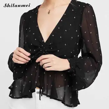 

Sexy Deep V neck blouse shirt transparent Retro ruffle lantern sleeve chiffon blouse gothic summer black women blouses 2018