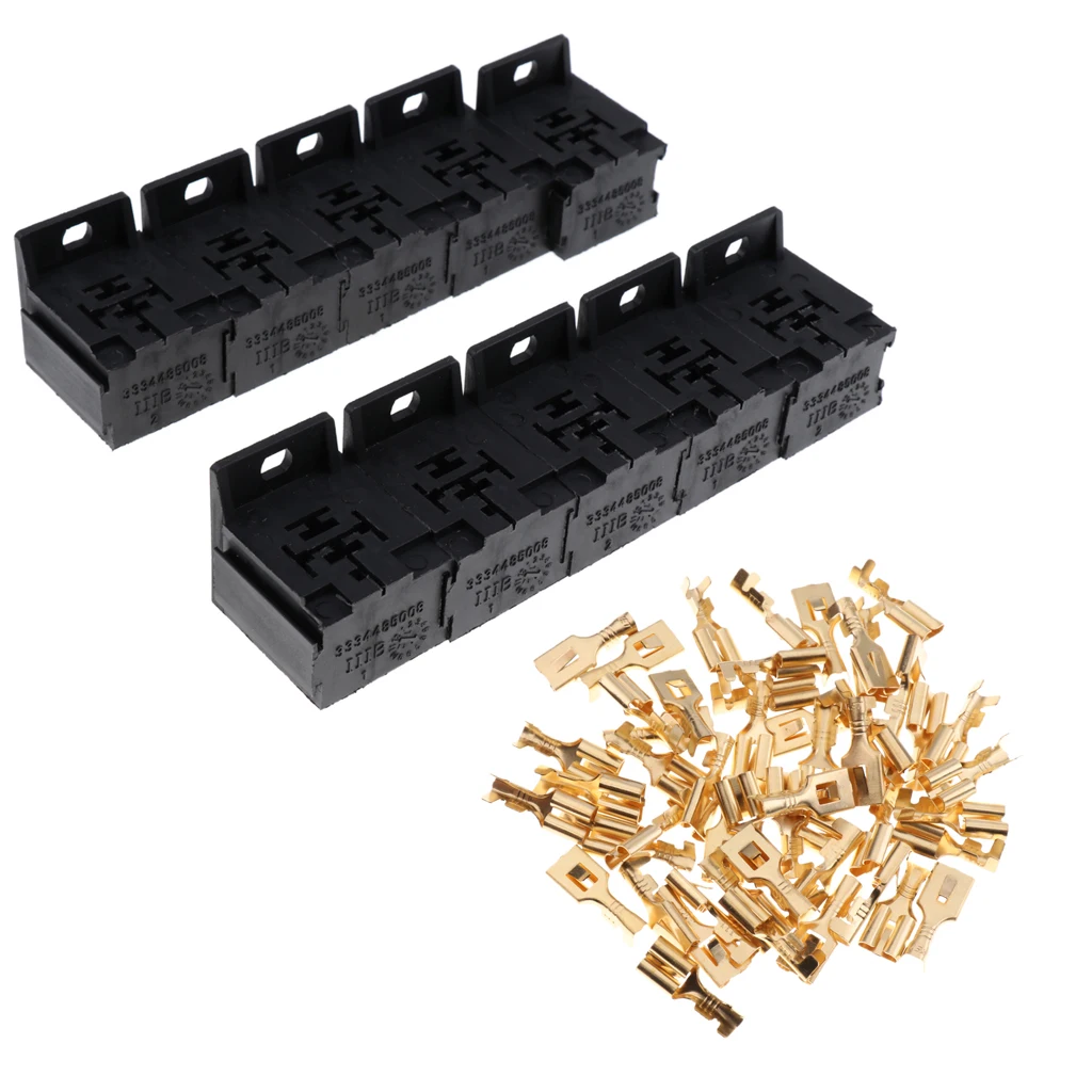 10 Sets 30A-80A Relay Bracket Terminal Case Holder Relay Base Holder 5 Pin Socket with 50 Terminals 6.3mm Kits For Automotive 