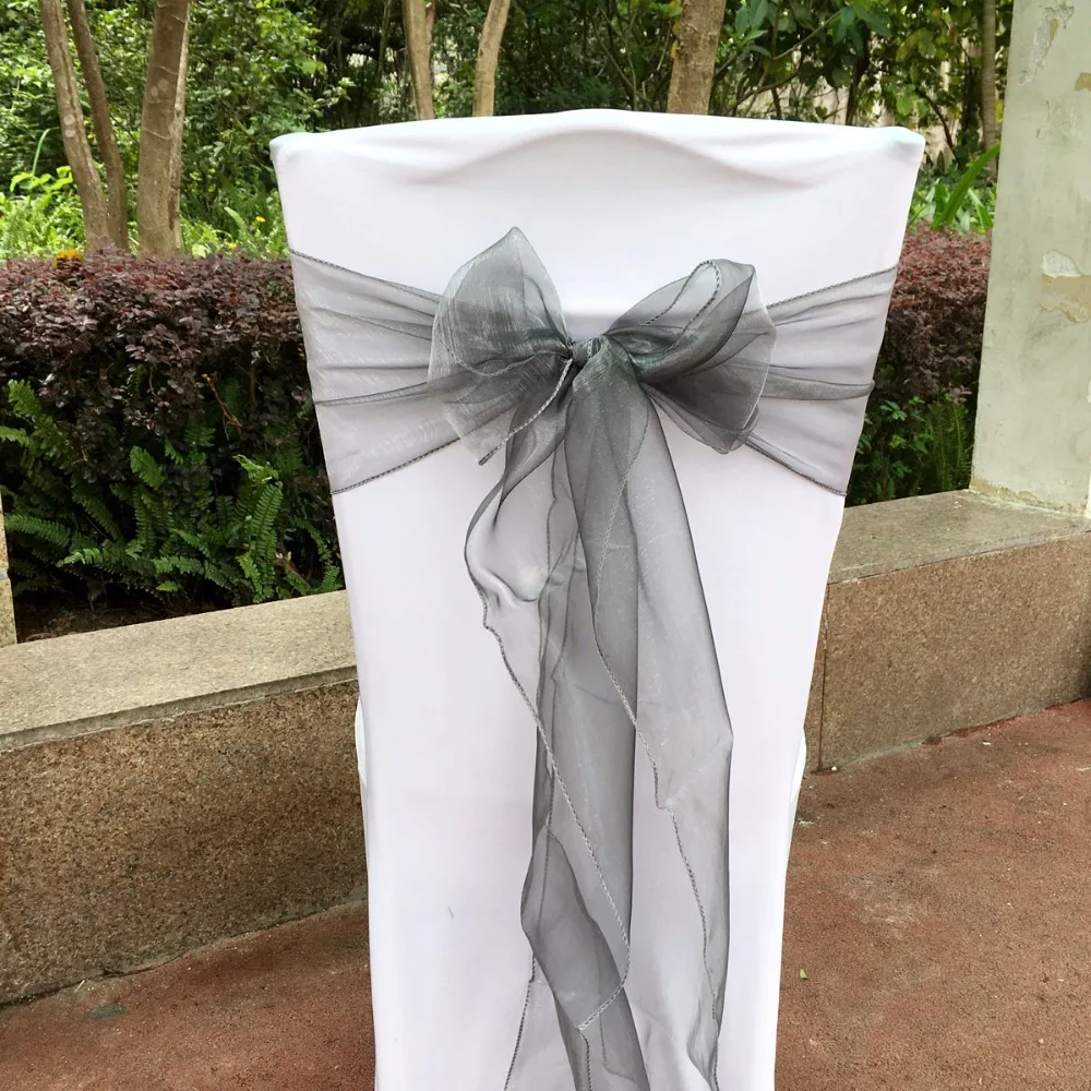 100Pieces Dark Silver/Gray Organza Bands Sash Wedding Chair Sashes Bow