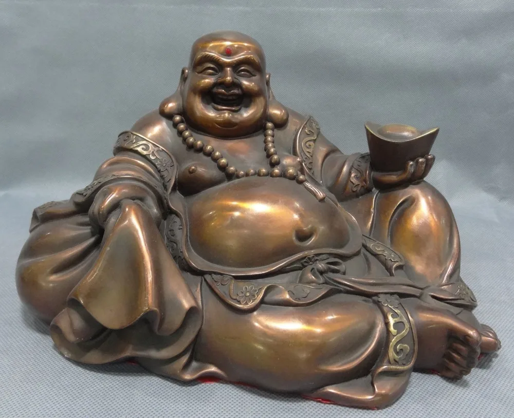 

free 13" Chinese Pure Bronze Wealth YuanBao Bag Happy Laughing Maitreya Buddha Statue fast
