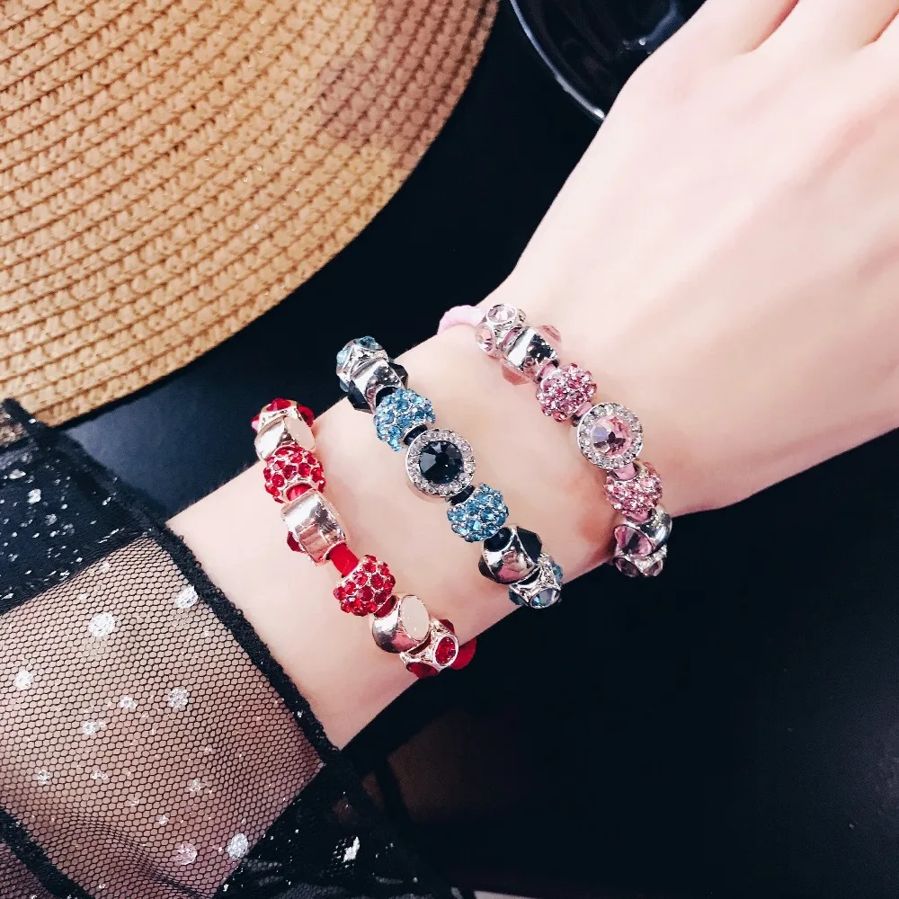 Korean Sweety Jewelry Red Rhinestone Beads Glass Bead Charms Bracelets