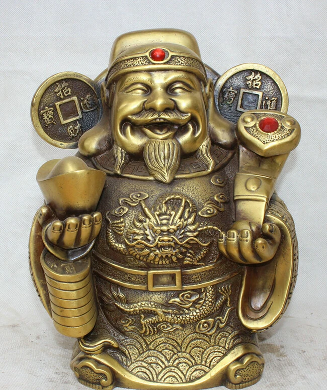 

song voge gem S5806 12" Chinese Brass Feng Shui Ru Yi dragon Cai Shen Mammon Money Wealth God Statue