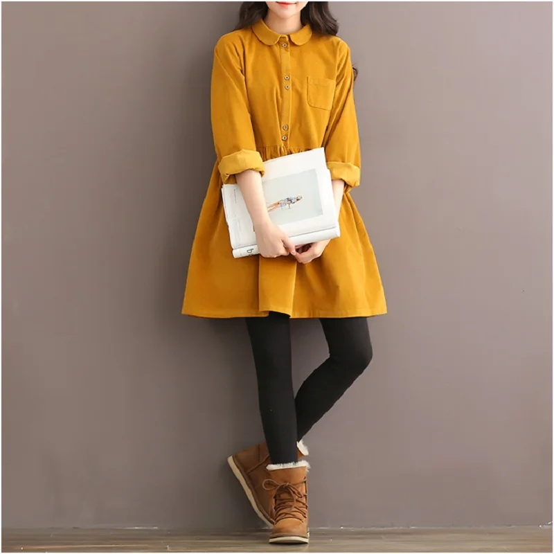 2017 Spring Autumn Women Mini Dress Turn Down Collar Pure Color Corduroy Vestidos Casual Loose Long