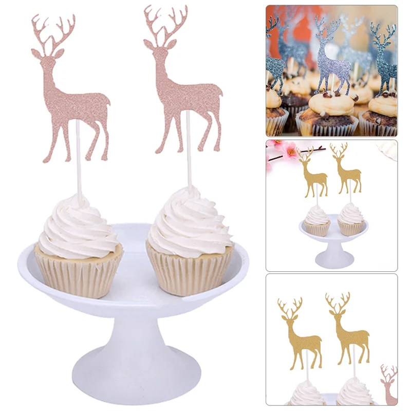 

10pcs Merry Christmas Cake Inserted Card Cupcake Picks Cupcake Topper Paper Christmas Elk Party Festive Deer Decor