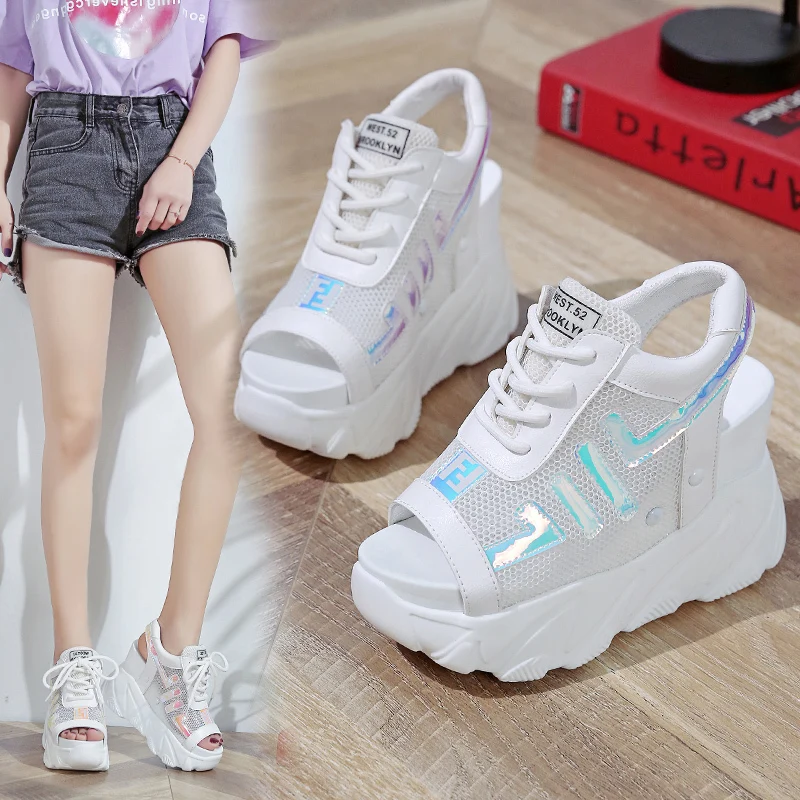 

sandals summer shoes 2019 air mesh open toe lace-up Gladiator mixed colors Height Increasing platform sport women sandals