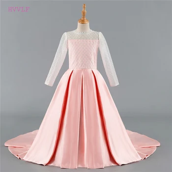 

Pink 2019 Flower Girl Dresses For Weddings Ball Gown Long Sleeve Lace Bow First Communion Dresses For Wedding Little Girls
