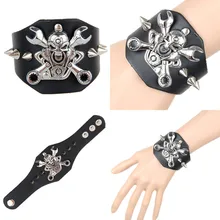 Увеличенные в стиле панк широкий кожаный Напульсник браслет неосновной аниме Kill Rock и ролл скелет головы наручная цепочка реквизит