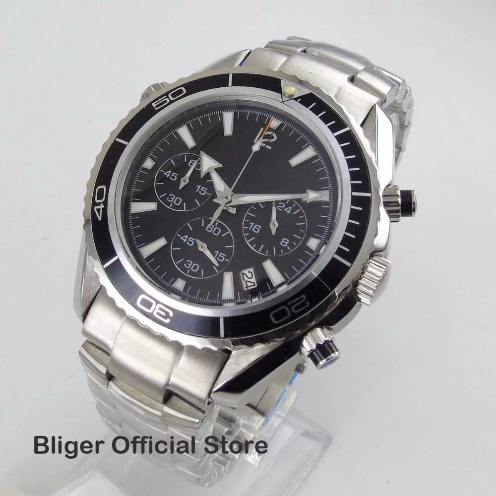 2019 New Arrive 46mm Black Dial Men's Watch Chronograph Stainless Steel Case Date Display Quartz Movement Wristwatch |