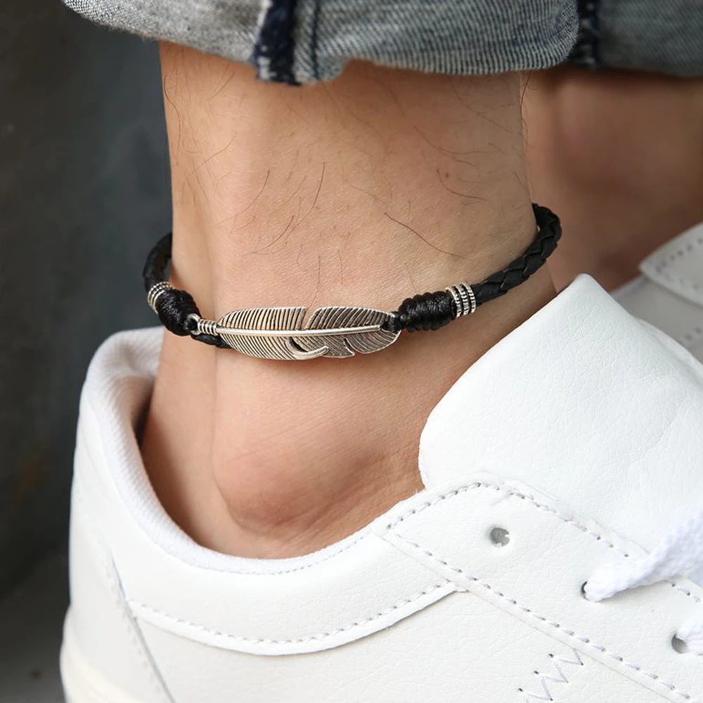 Tobillera con cuentas de plumas para hombre y mujer, pulsera de tobillo Unisex, pulsera de pierna para playa, accesorios de joyería, cuerda de 22 CM|Tobilleras| - AliExpress