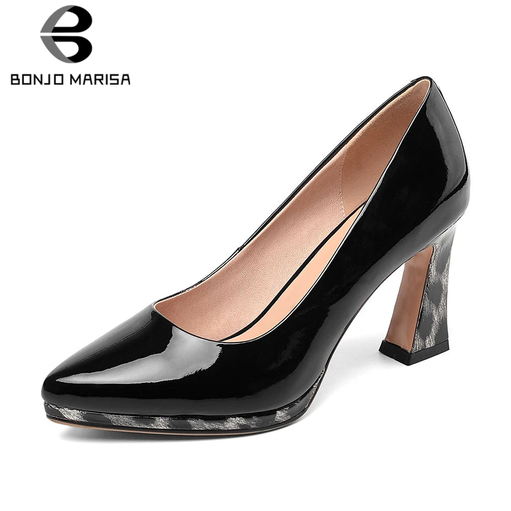

BONJOMARISA New Leopard Patent Genuine Leather Pointed Toe Ladies High Heels Platform Shoes Woman Casual Party Ol Autumn Pumps