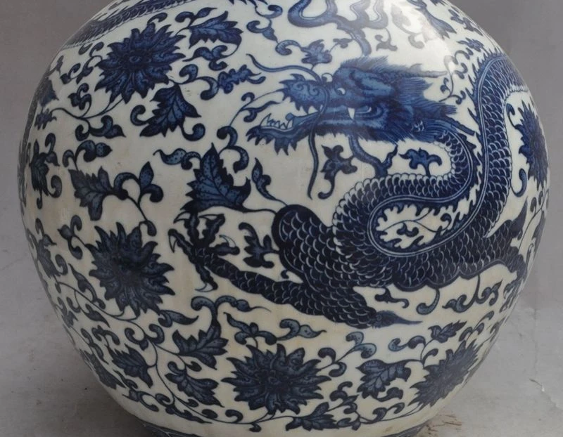 Китайский дворец синий и белый фарфор дракон цветок статуя Зун Кубок Бутылка Горшок Ваза