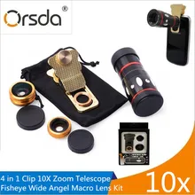 

Orsda 10x Zoom Telescope Mobile Phone Lenses With Fish eye Wide Angle Macro Phone Camera Lens 4 in 1 Universal Clip lente Kit
