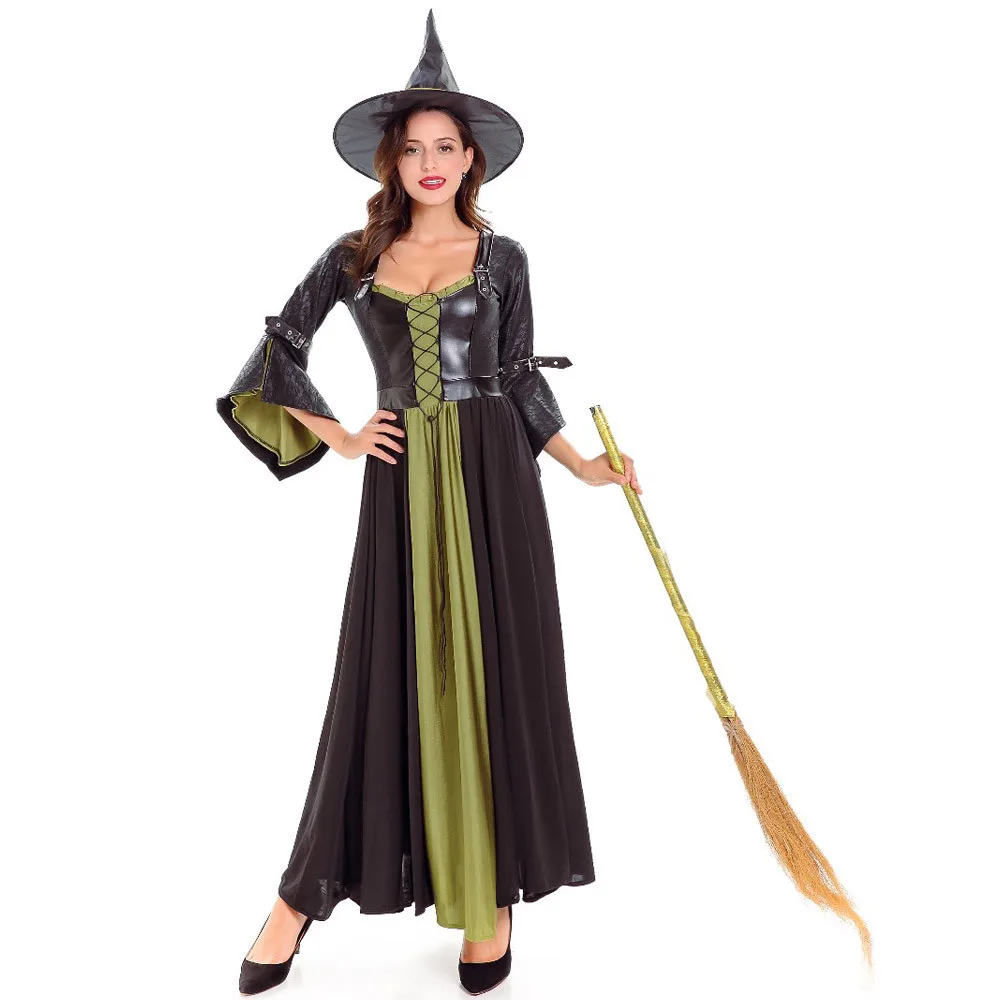 

Medieval Renaissance Black Witch Costumes Halloween Fly Witch Costume for Women Adult Fantasia Dress Hat Cosplay Fancy Dresses