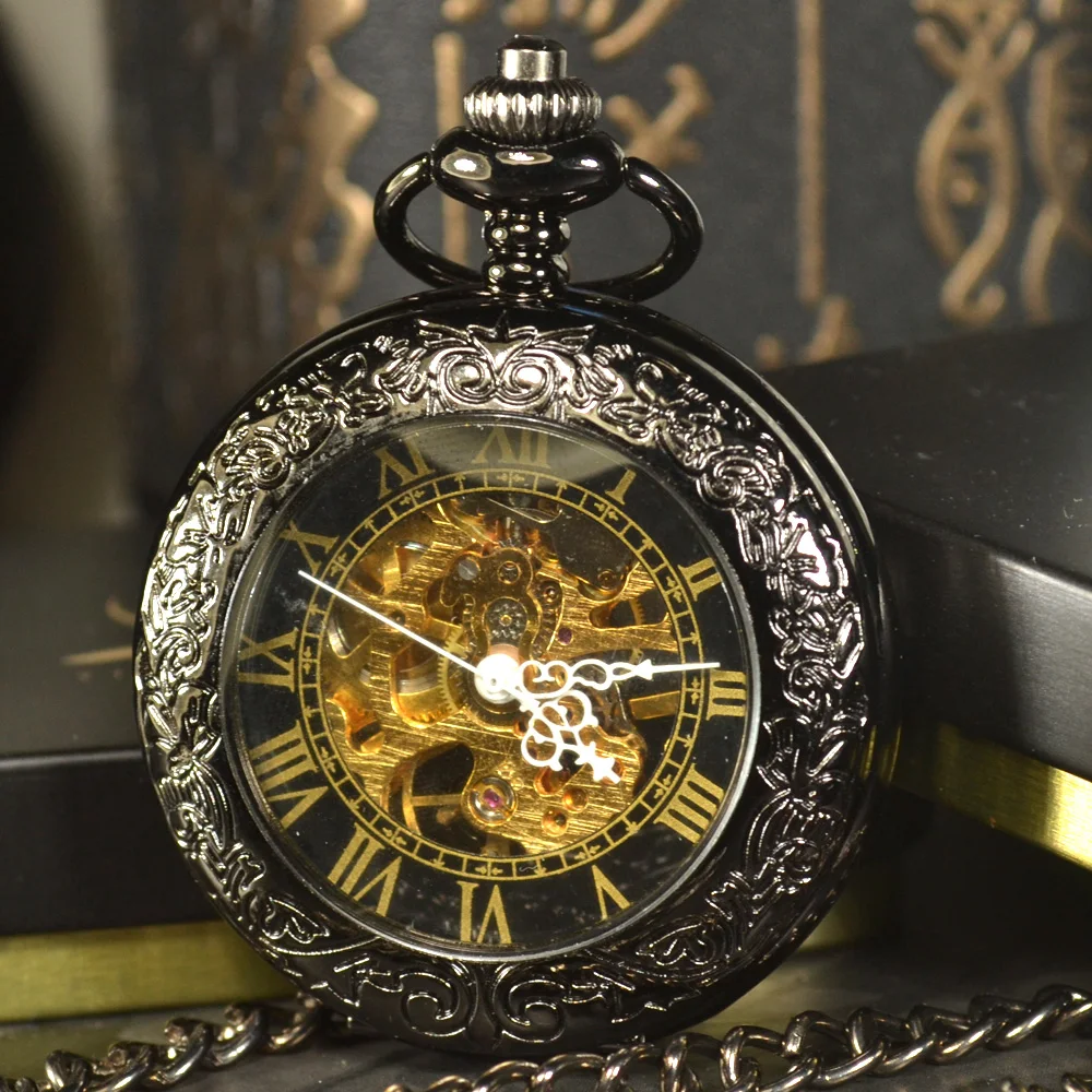Men Skeleton Mechanical Pocket Watch Steampunk Vintage Hollow Cover Analog Roman Hand Winding