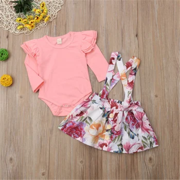 

Newborn Infant Baby Girls Bodysuit Pink Tops+Floral Tutu Skirt Outfits Set Spring Autumn Clothes