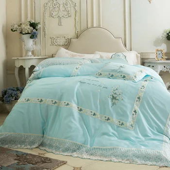 

2018 Princess style Embroidery bedlinens high quality Tencel fabric Queen/King size duvet cover set summer bedding set