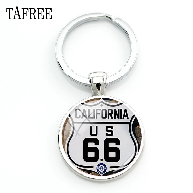 

TAFREE USA Route 66 Route Signs Pendant Keychian Silver Plated Key chian Glass Cabochon Dome Handmade Charm Car Bag Keyring UR34