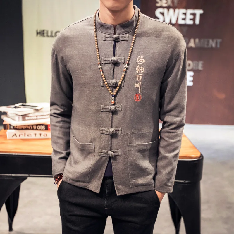 Traditional Linen Cotton Tops Chinese Men's Long Sleeve Shirt Traditional Linen Cotton Tops Chinese Men's Long Sleeve Shirt