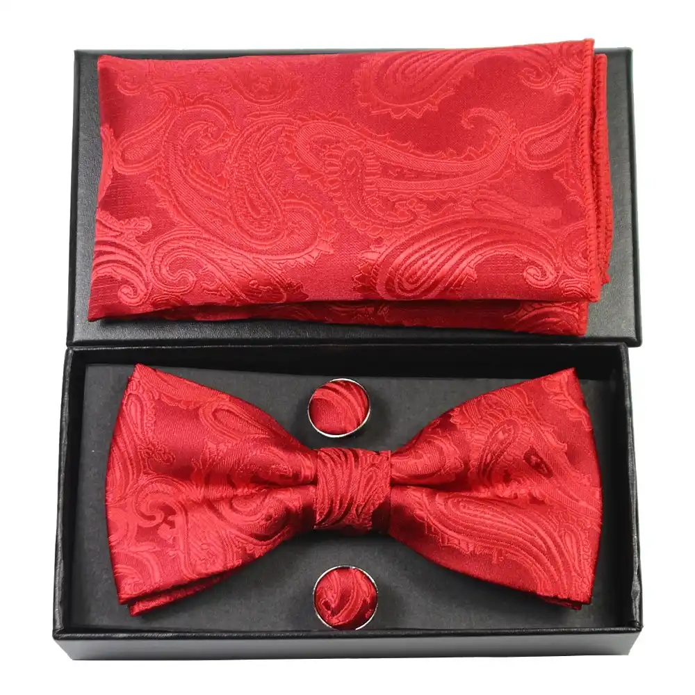 Wedding Black RED Pre-tied Bow tie and RED Pocket Square Hankie Two Layers