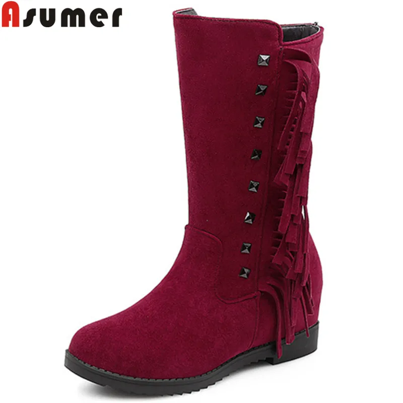 

ASUMER 2018 fashion new mid calf boots round toe flock fringe winter boots casual comfortable ladies shoes height increasing