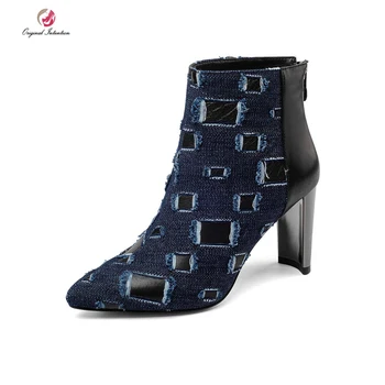 

Original Intention Classic Denim Women Ankle Boots Winter Pointed Toe Stylish Block Heels Boots Black Shoes Woman US Size 3-10.5