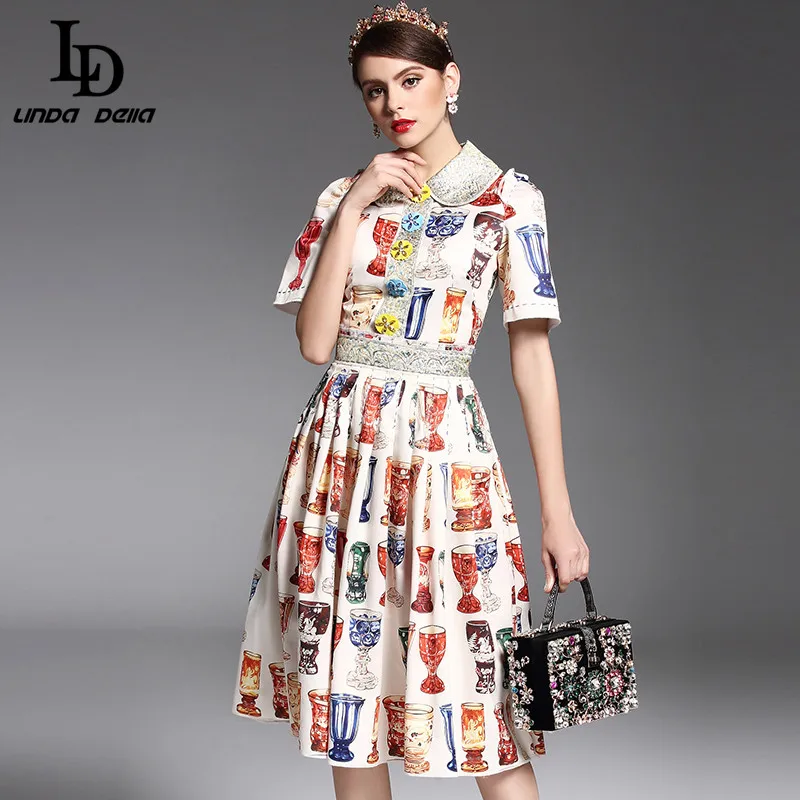 Newest 2017 Summer Fashion Designer Runway Dress Women's Half Sleeve Crystal Button Beading wine glass Printing Dress