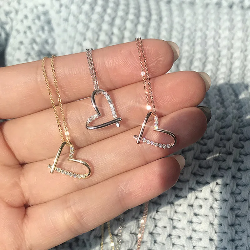

100% 925 Silver Jewelry Zircon Crystal Gold Love Heart Pendant Necklace For Women Gifts with Chain Cute Fashion Jewelry collares