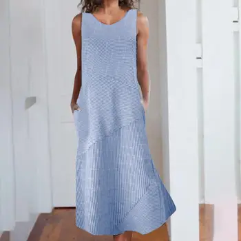 

2019 Summer Women's Dress Women Plus Size Casual Linen Loose Irregular Stripe Pocket Long Maxi Dress vestidos robe femme