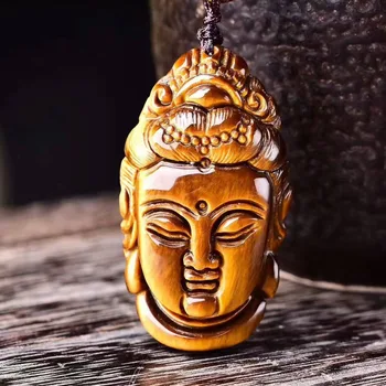 

JoursNeige Natural Yellow Tiger Eye Stone Pendant Handcarved Guanyin Head Buddha Pendant Evilspirit Lucky For Women Men Jewelry