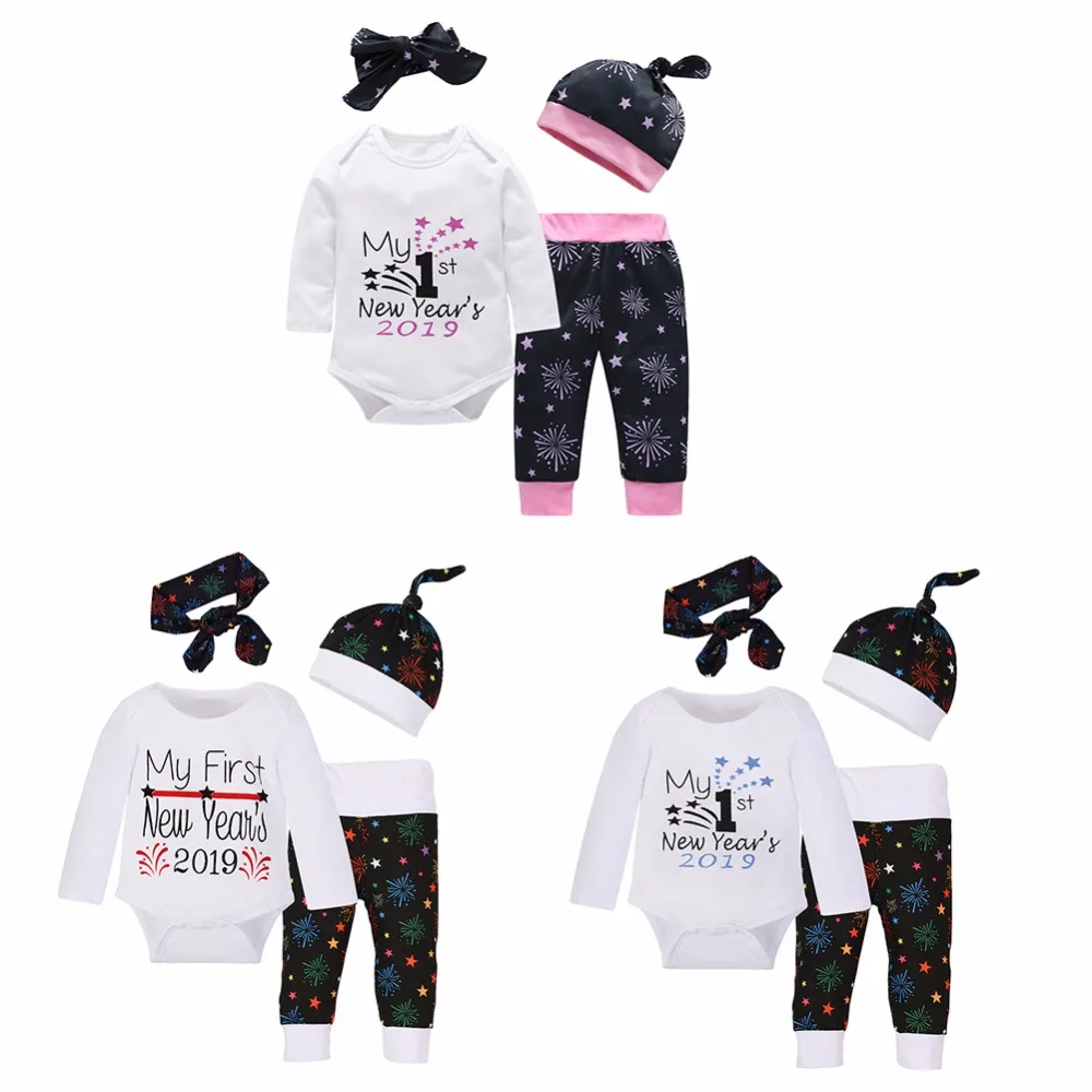 

4pcs/Set 2019 Baby First New Year Christmas clothes Autumn Newborn Baby Clothes Cute Letters Romper Pants Headband Hat New Year