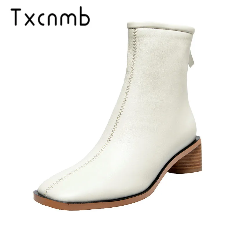 

TXCNMB 2019 Boots Women Ankle Boots for Women Winter Genuine Leather High Heel Shoes Woman Zipper Size 40